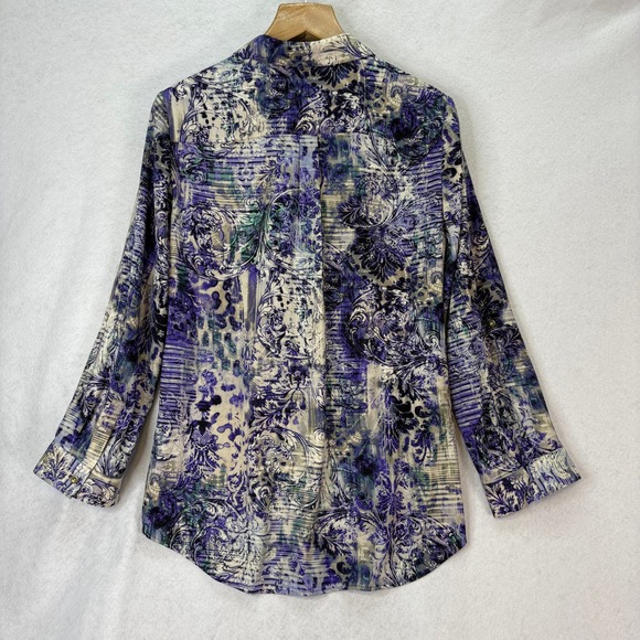 NWT Chicos Women's Sz 2 (L) Purple Divine Damask Athens Roll Tab Sleeve Top - Picture 7 of 8